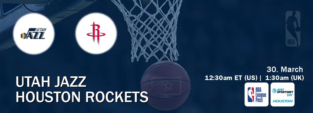 You can watch game live between Utah Jazz and Houston Rockets on NBA League Pass and AT&T Sportsnet SW Houston(US).
