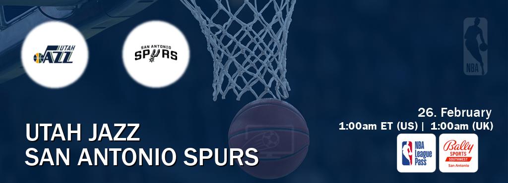 You can watch game live between Utah Jazz and San Antonio Spurs on NBA League Pass and Bally Sports San Antonio(US).