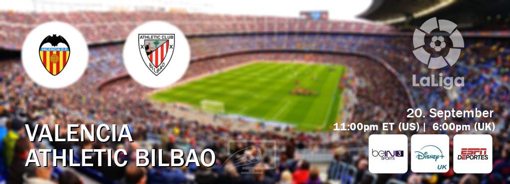 You can watch game live between Valencia and Athletic Bilbao on beIN SPORTS 3(AU), Disney+ UK(UK), ESPN Deportes(US). You can watch game live between Valencia and Athletic Bilbao on beIN SPORTS 3(AU), Disney+ UK(UK), ESPN Deportes(US).