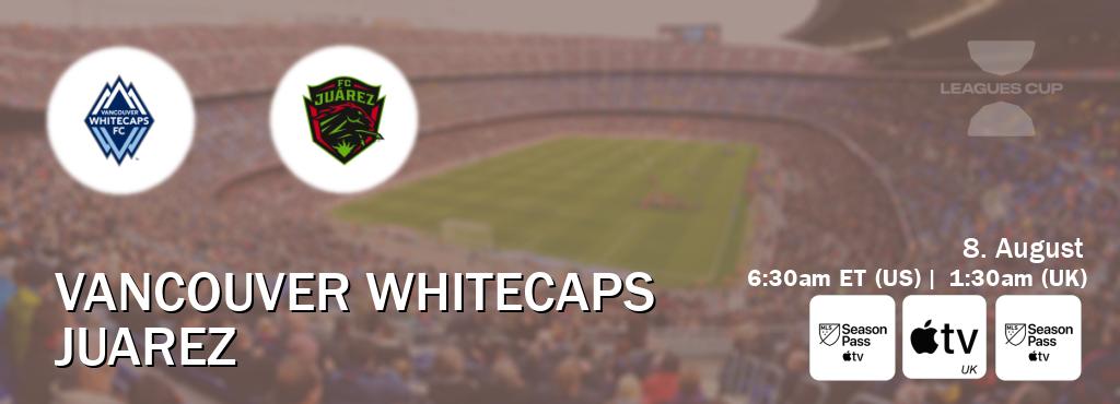You can watch game live between Vancouver Whitecaps and Juarez on MLS Season Pass, Apple TV(UK), MLS Season Pass(US). You can watch game live between Vancouver Whitecaps and Juarez on MLS Season Pass, Apple TV(UK), MLS Season Pass(US).