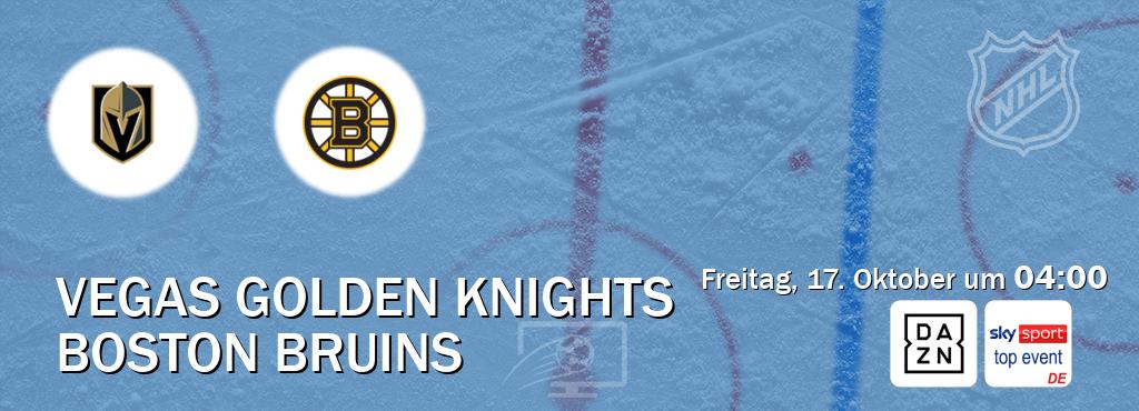 Das Spiel zwischen Vegas Golden Knights und Boston Bruins wird am Freitag, 17. Oktober um 04:00, live vom DAZN und Sky Sport Top Event übertragen. Das Spiel zwischen Vegas Golden Knights und Boston Bruins wird am Freitag, 17. Oktober um 04:00, live vom DAZN und Sky Sport Top Event übertragen.