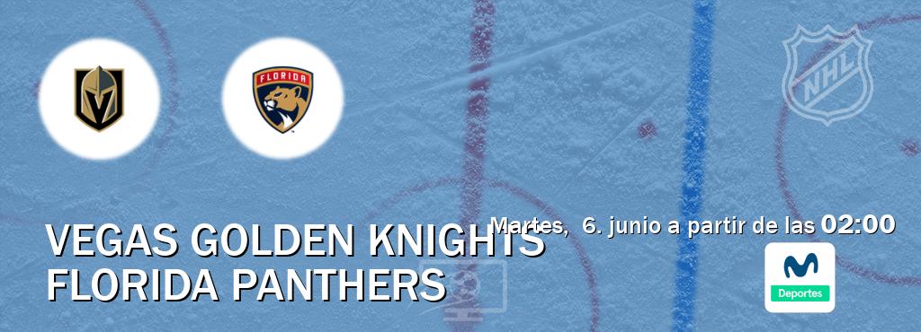 El partido entre Vegas Golden Knights y Florida Panthers será retransmitido por Movistar Deportes (martes,  6. junio a partir de las  02:00).
