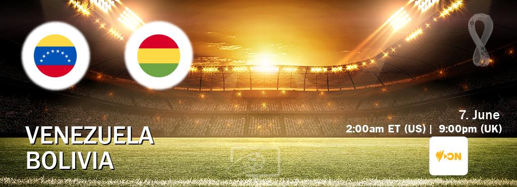 You can watch game live between Venezuela and Bolivia on SBS On Demand(AU). You can watch game live between Venezuela and Bolivia on SBS On Demand(AU).