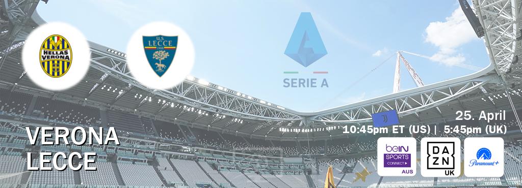 You can watch game live between Verona and Lecce on beIN Sports Connect(AU), DAZN UK(UK), Paramount+(US).