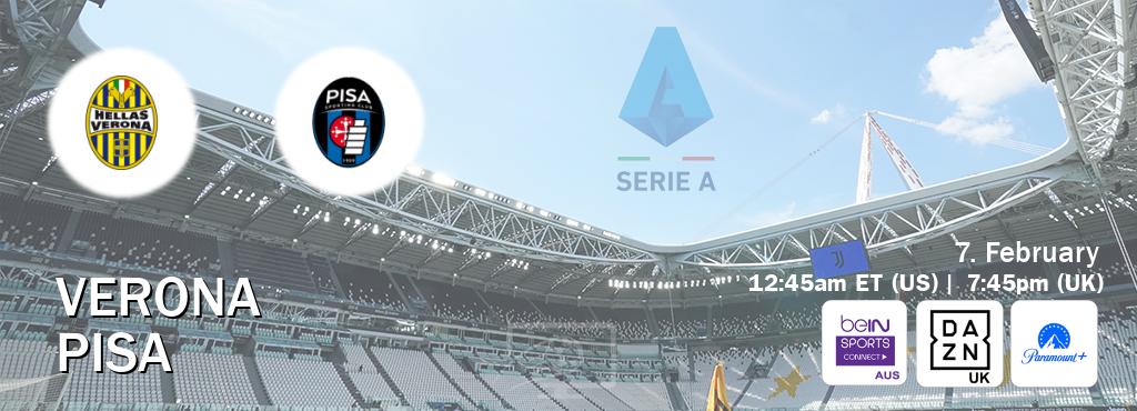 You can watch game live between Verona and Pisa on beIN Sports Connect(AU), DAZN UK(UK), Paramount+(US).
