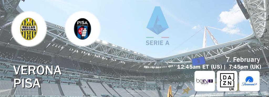 You can watch game live between Verona and Pisa on beIN SPORTS 3(AU), DAZN UK(UK), Paramount+(US).