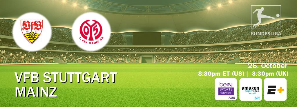 You can watch game live between VfB Stuttgart and Mainz on beIN Sports Connect(AU), Amazon Prime Video UK(UK), ESPN+(US). You can watch game live between VfB Stuttgart and Mainz on beIN Sports Connect(AU), Amazon Prime Video UK(UK), ESPN+(US).