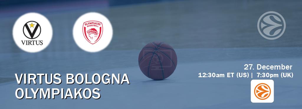 You can watch game live between Virtus Bologna and Olympiakos on EuroLeague TV. You can watch game live between Virtus Bologna and Olympiakos on EuroLeague TV.