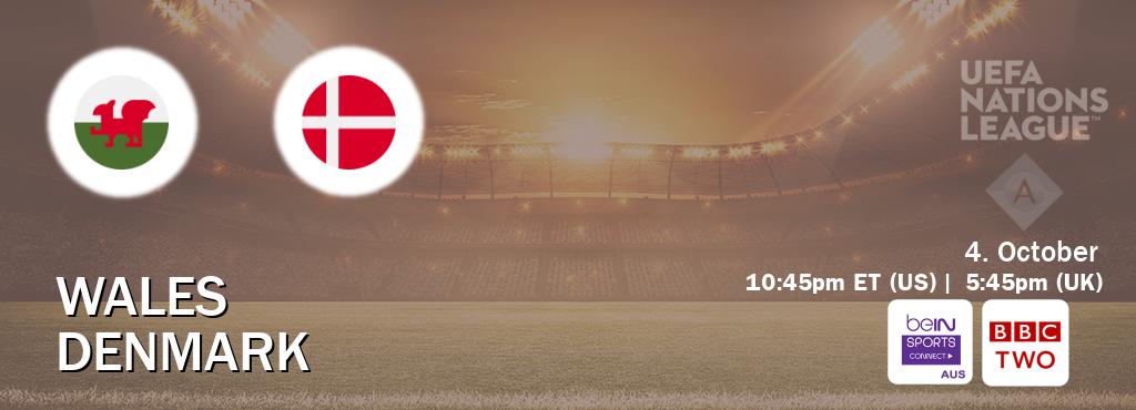 You can watch game live between Wales and Denmark on beIN Sports Connect(AU) and BBC Two(UK). You can watch game live between Wales and Denmark on beIN Sports Connect(AU) and BBC Two(UK).