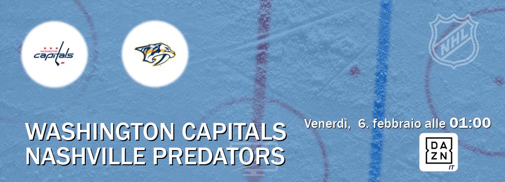 Il match Washington Capitals - Nashville Predators sarà trasmesso in diretta TV su DAZN Italia (ore 01:00)