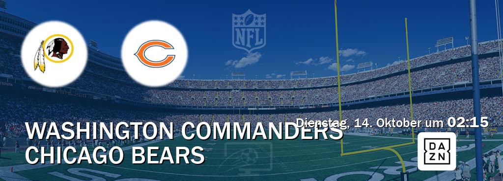Das Spiel zwischen Washington Commanders und Chicago Bears wird am Dienstag, 14. Oktober um 02:15, live vom DAZN übertragen. Das Spiel zwischen Washington Commanders und Chicago Bears wird am Dienstag, 14. Oktober um 02:15, live vom DAZN übertragen.