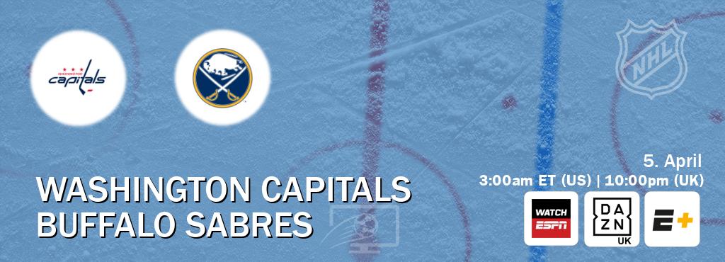 You can watch game live between Washington Capitals and Buffalo Sabres on WatchESPN(AU), DAZN UK(UK), ESPN+(US). You can watch game live between Washington Capitals and Buffalo Sabres on WatchESPN(AU), DAZN UK(UK), ESPN+(US).