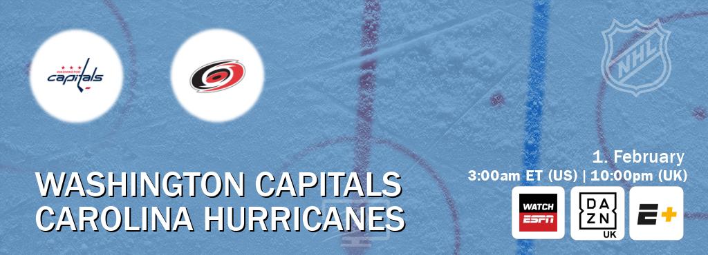 You can watch game live between Washington Capitals and Carolina Hurricanes on WatchESPN(AU), DAZN UK(UK), ESPN+(US). You can watch game live between Washington Capitals and Carolina Hurricanes on WatchESPN(AU), DAZN UK(UK), ESPN+(US).