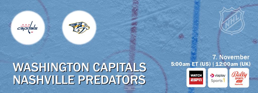 You can watch game live between Washington Capitals and Nashville Predators on WatchESPN(AU), Viaplay Sports 1(UK), Bally Sports Nashville(US).