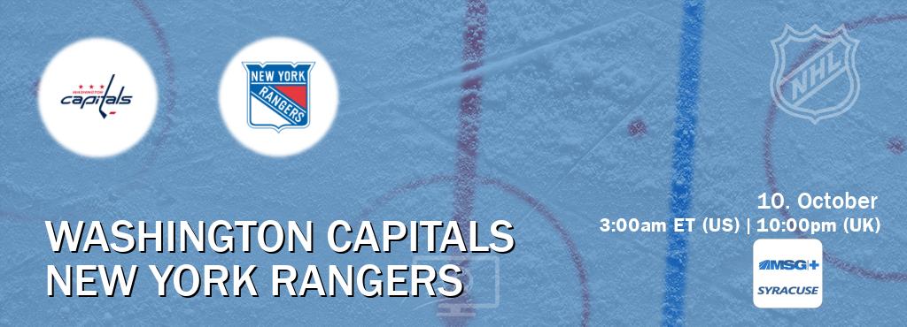 You can watch game live between Washington Capitals and New York Rangers on MSG Plus Syracuse(US). You can watch game live between Washington Capitals and New York Rangers on MSG Plus Syracuse(US).