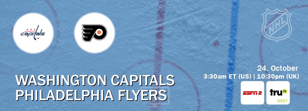 You can watch game live between Washington Capitals and Philadelphia Flyers on ESPN2(AU) and truTV West(US).