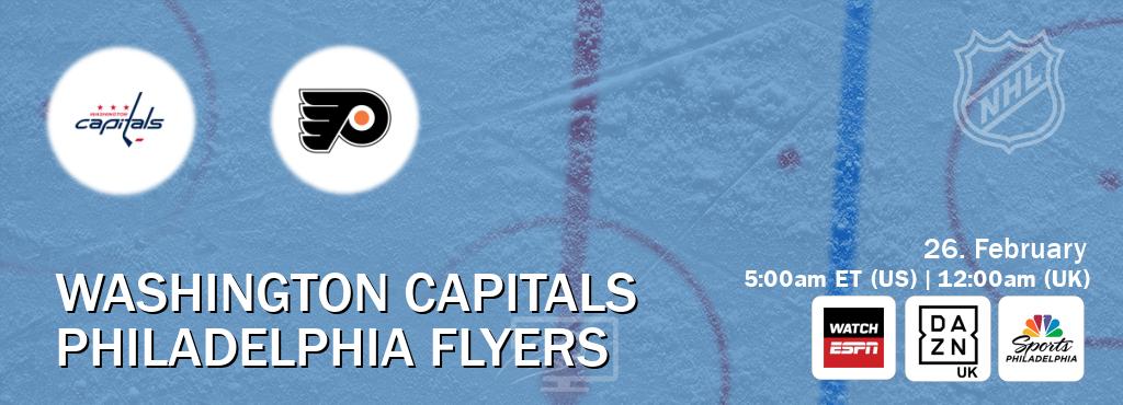 You can watch game live between Washington Capitals and Philadelphia Flyers on WatchESPN(AU), DAZN UK(UK), NBCS Philadelphia(US). You can watch game live between Washington Capitals and Philadelphia Flyers on WatchESPN(AU), DAZN UK(UK), NBCS Philadelphia(US).