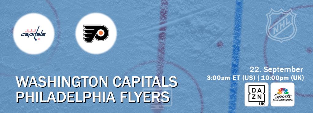 You can watch game live between Washington Capitals and Philadelphia Flyers on DAZN UK(UK) and NBCS Philadelphia(US). You can watch game live between Washington Capitals and Philadelphia Flyers on DAZN UK(UK) and NBCS Philadelphia(US).