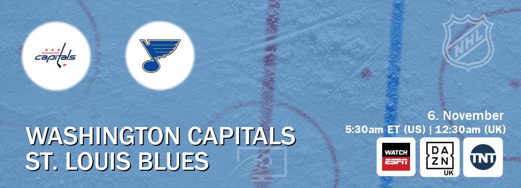 You can watch game live between Washington Capitals and St. Louis Blues on WatchESPN(AU), DAZN UK(UK), TNT(US). You can watch game live between Washington Capitals and St. Louis Blues on WatchESPN(AU), DAZN UK(UK), TNT(US).