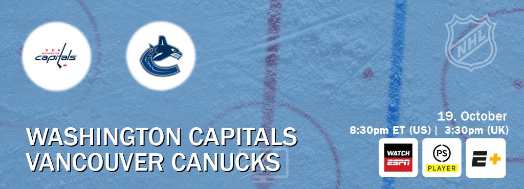 You can watch game live between Washington Capitals and Vancouver Canucks on WatchESPN(AU), Premier Player(UK), ESPN+(US). You can watch game live between Washington Capitals and Vancouver Canucks on WatchESPN(AU), Premier Player(UK), ESPN+(US).