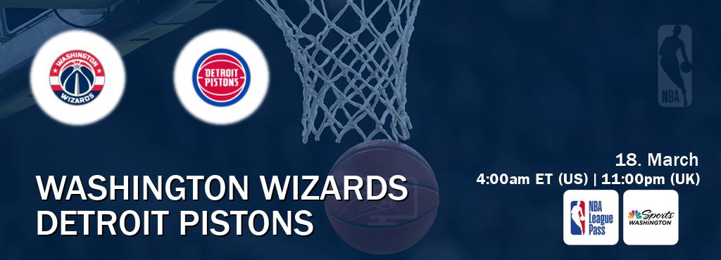 You can watch game live between Washington Wizards and Detroit Pistons on NBA League Pass and NBCS Washington(US).
