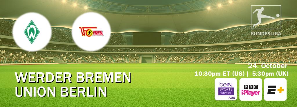You can watch game live between Werder Bremen and Union Berlin on beIN Sports Connect(AU), BBC iPlayer(UK), ESPN+(US). You can watch game live between Werder Bremen and Union Berlin on beIN Sports Connect(AU), BBC iPlayer(UK), ESPN+(US).