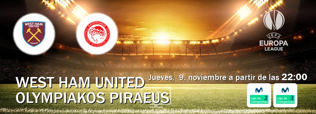 El partido entre West Ham United y Olympiakos Piraeus será retransmitido por Movistar Liga de Campeones 2 y Movistar Liga de Campeones 3 (jueves,  9. noviembre a partir de las  22:00).