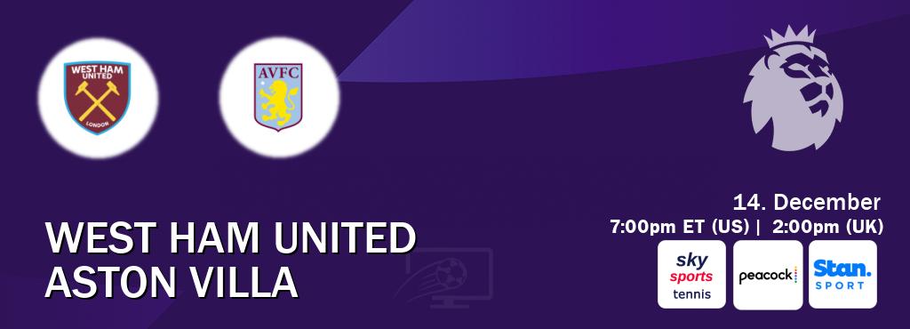 You can watch game live between West Ham United and Aston Villa on Sky Sports Tennis(UK), Peacock(US), Stan Sport(AU). You can watch game live between West Ham United and Aston Villa on Sky Sports Tennis(UK), Peacock(US), Stan Sport(AU).