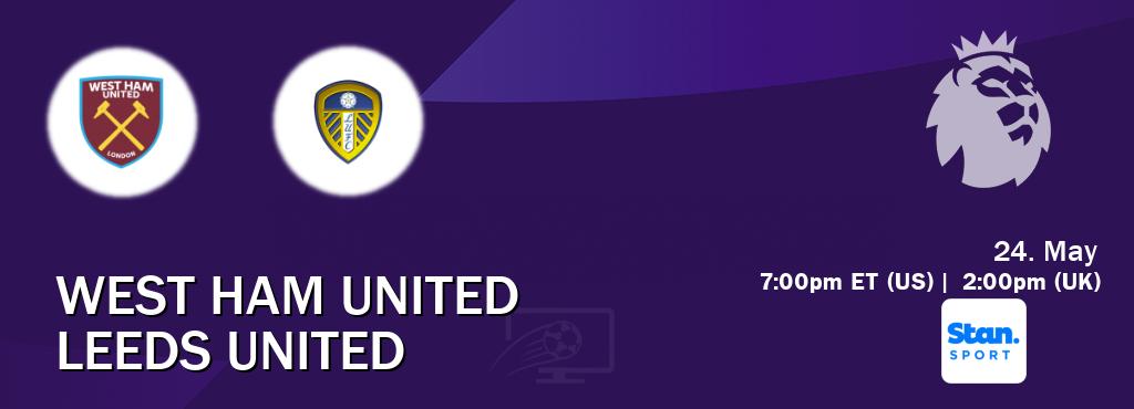 You can watch game live between West Ham United and Leeds United on Stan Sport(AU). You can watch game live between West Ham United and Leeds United on Stan Sport(AU).