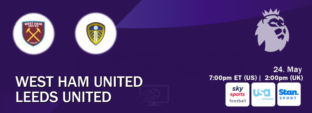You can watch game live between West Ham United and Leeds United on Sky Sports Football(UK), USA Network(US), Stan Sport(AU). You can watch game live between West Ham United and Leeds United on Sky Sports Football(UK), USA Network(US), Stan Sport(AU).