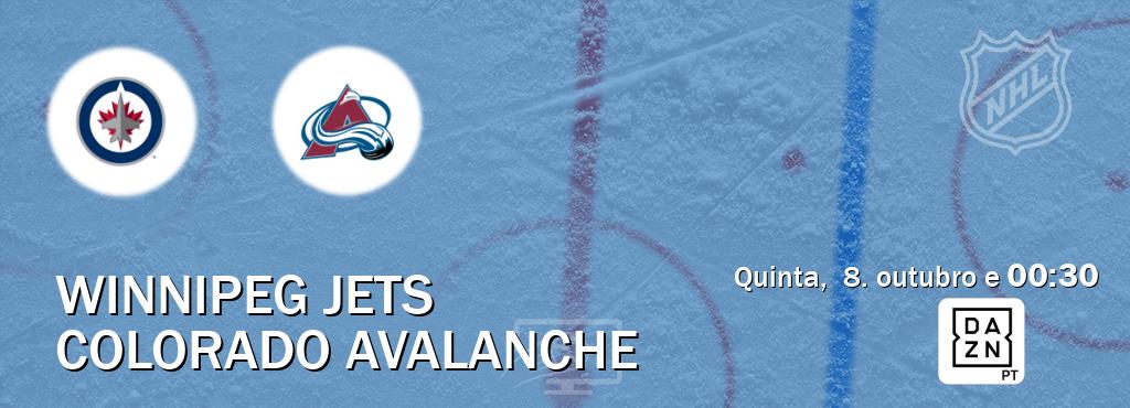 Jogo entre Winnipeg Jets e Colorado Avalanche tem emissão DAZN (quinta,  8. outubro e  00:30).