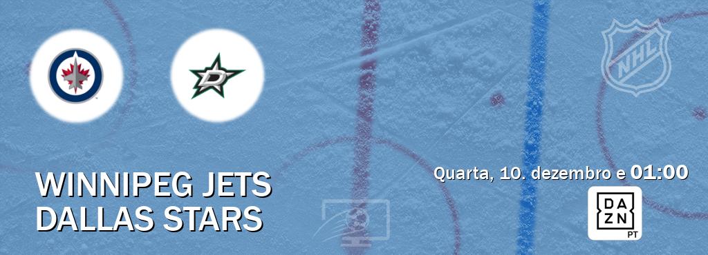 Jogo entre Winnipeg Jets e Dallas Stars tem emissão DAZN (quarta, 10. dezembro e  01:00).
