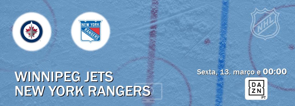 Jogo entre Winnipeg Jets e New York Rangers tem emissão DAZN (sexta, 13. março e  00:00).