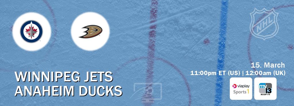 You can watch game live between Winnipeg Jets and Anaheim Ducks on Viaplay Sports 1(UK) and KCOP-TV(US).