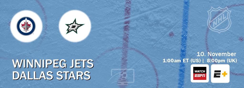 You can watch game live between Winnipeg Jets and Dallas Stars on WatchESPN(AU) and ESPN+(US).