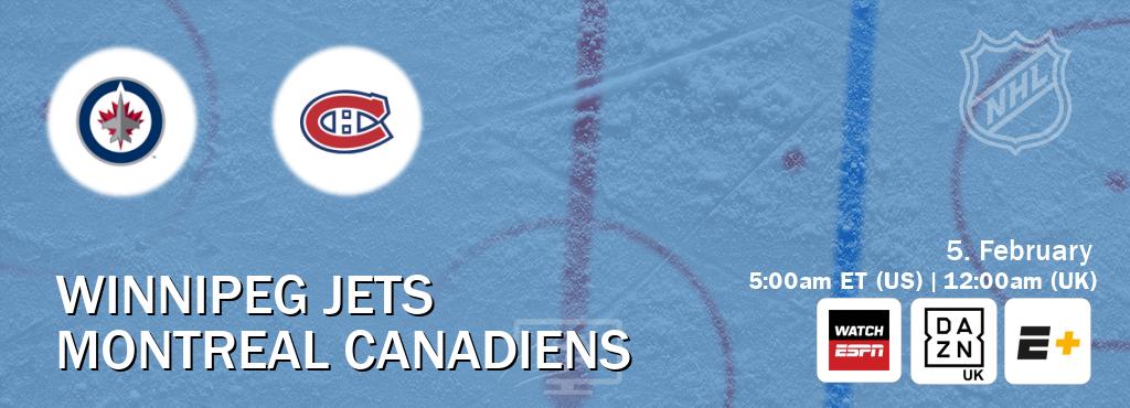 You can watch game live between Winnipeg Jets and Montreal Canadiens on WatchESPN(AU), DAZN UK(UK), ESPN+(US).