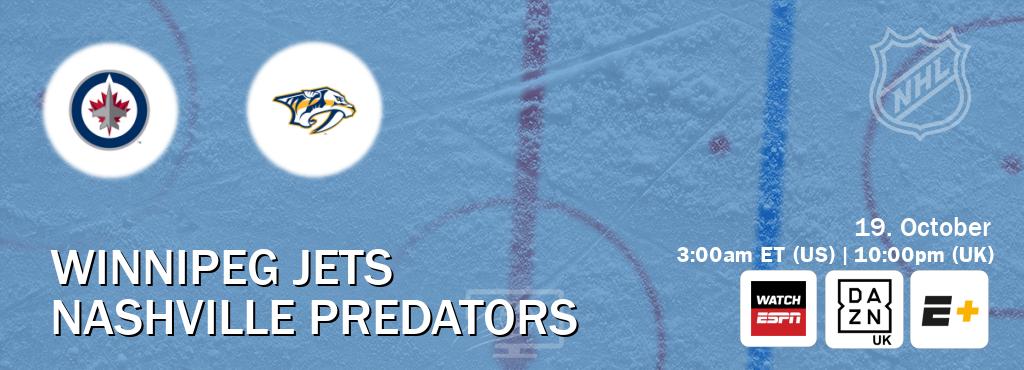 You can watch game live between Winnipeg Jets and Nashville Predators on WatchESPN(AU), DAZN UK(UK), ESPN+(US). You can watch game live between Winnipeg Jets and Nashville Predators on WatchESPN(AU), DAZN UK(UK), ESPN+(US).