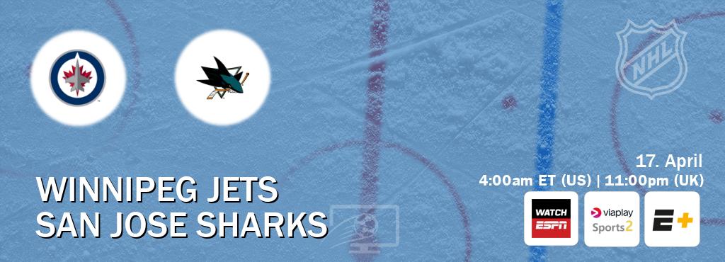 You can watch game live between Winnipeg Jets and San Jose Sharks on WatchESPN(AU), Viaplay Sports 2(UK), ESPN+(US).