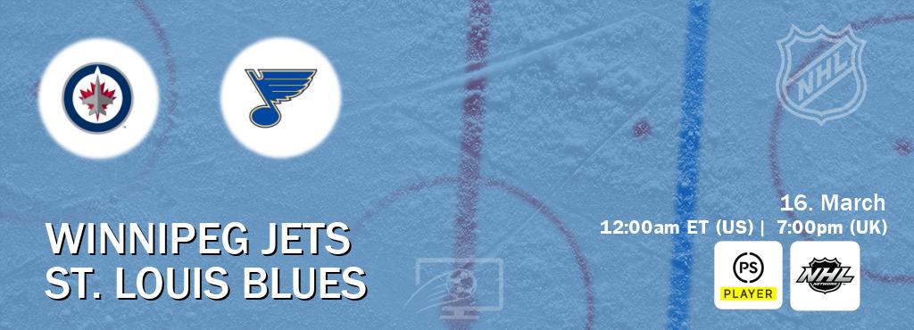 You can watch game live between Winnipeg Jets and St. Louis Blues on Premier Player(UK) and NHL Network(US).