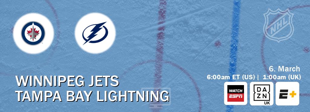 You can watch game live between Winnipeg Jets and Tampa Bay Lightning on WatchESPN(AU), DAZN UK(UK), ESPN+(US).