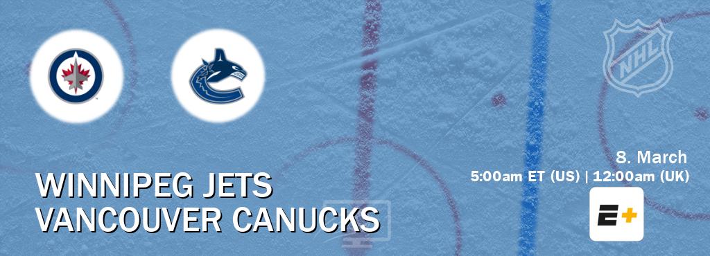 You can watch game live between Winnipeg Jets and Vancouver Canucks on ESPN+(US). You can watch game live between Winnipeg Jets and Vancouver Canucks on ESPN+(US).