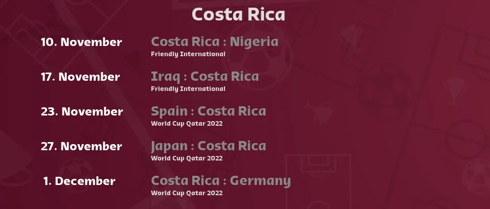Costa Rica - Next matches. For Live Streams and TV Listings check bellow.