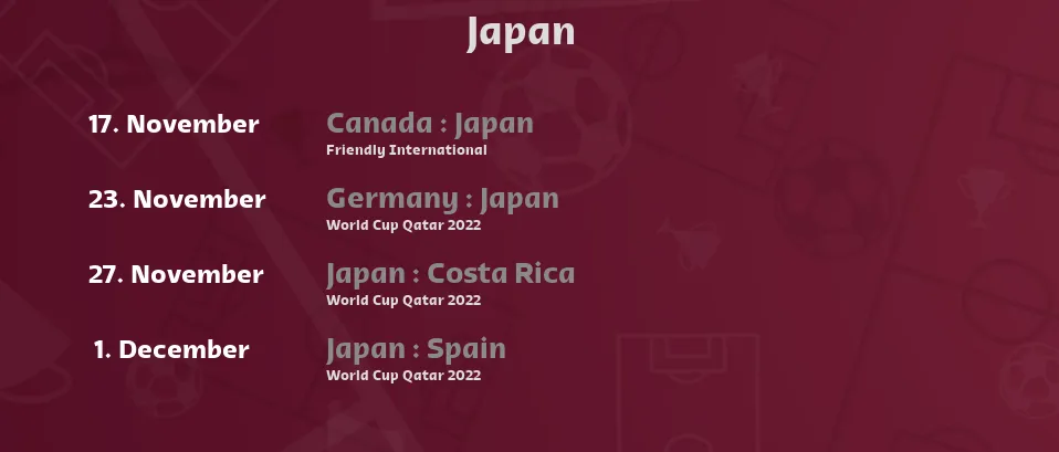 Japan - Next matches. For Live Streams and TV Listings check bellow.