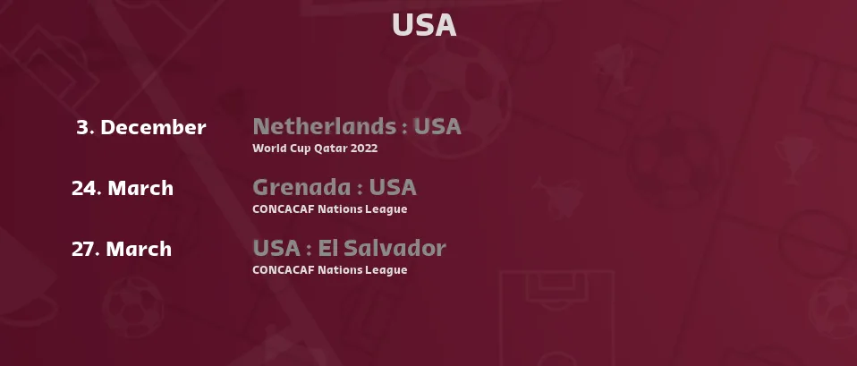 USA - Next matches. For Live Streams and TV Listings check bellow.