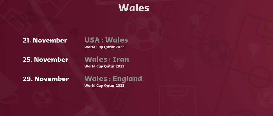 Wales - Next matches. For Live Streams and TV Listings check bellow.